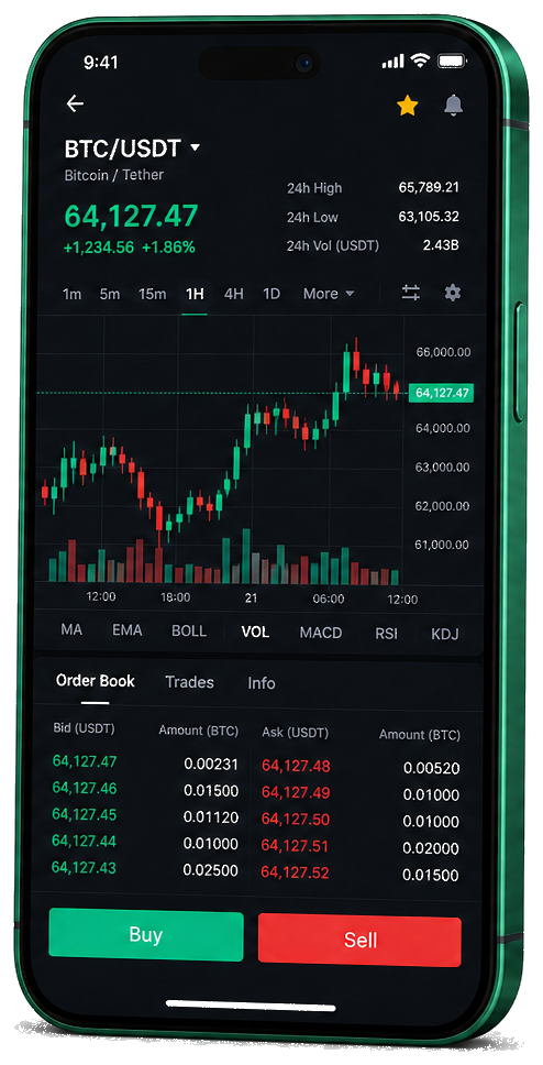 Application mobile Roche Fondelle — graphique BTC/USDT en temps réel, carnet d’ordres et interface d’achat/vente